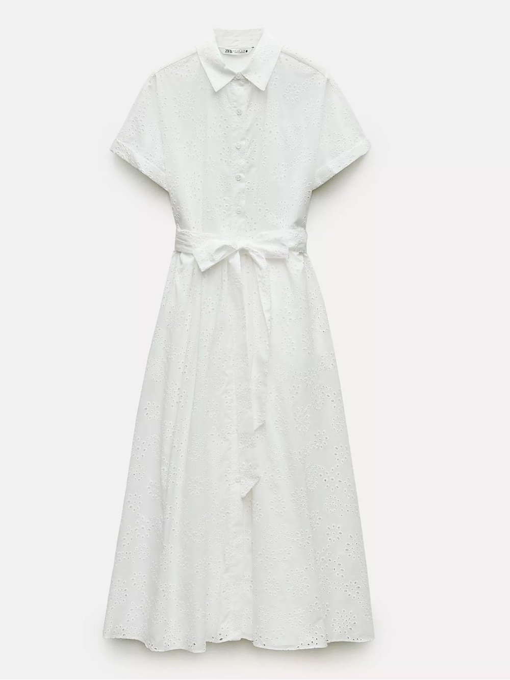 Zara White Eyelet Maxi Shirt Dress with Tie Waist FIRM PRICE